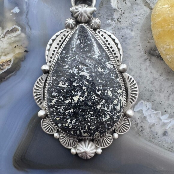 Sterling Southwestern Style Teardrop Petrified Wood Decorated Pendant For Women - Picture 6 of 10